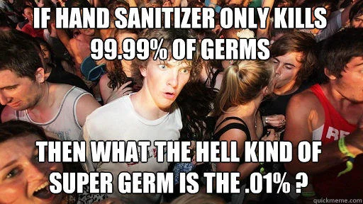 001 Of Germs — A crowded party scene with text questioning what kind of super germ survives 99.99% sanitizer rates.
