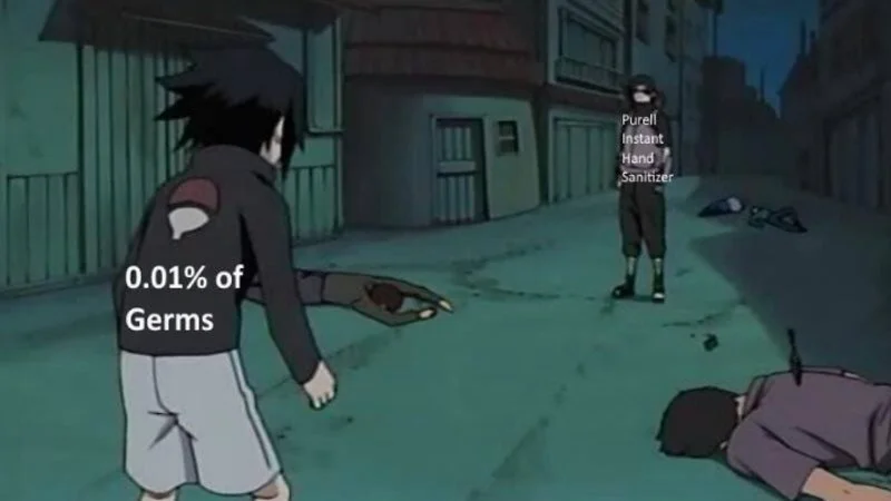 001 Of Germs — An anime-style scene with a scarred character labeled '0.01% of Germs' confronting a character labeled 'Purell Instant Hand Sanitizer'.