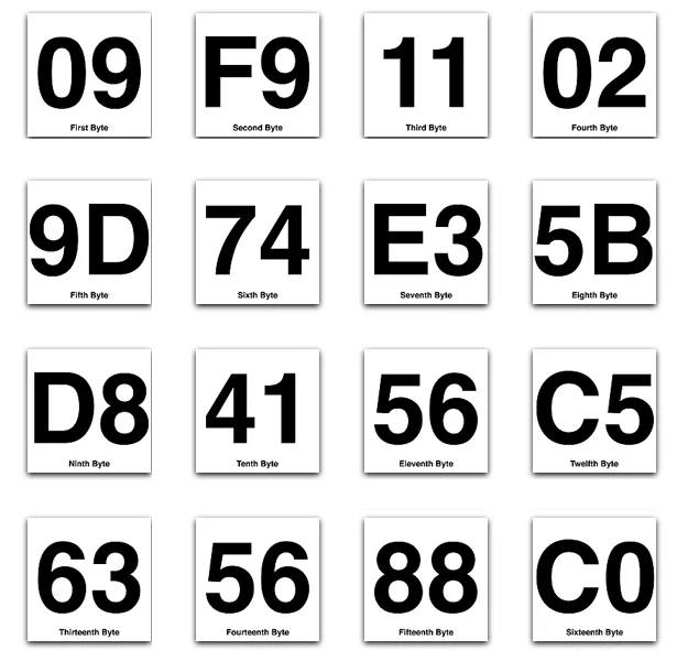 09 F9 11 02 9D 74 E3 5B D8 41 56 C5 63 56 88 C0 — A grid visualization displaying the 16 hexadecimal bytes of the HD-DVD decryption key in individual labeled