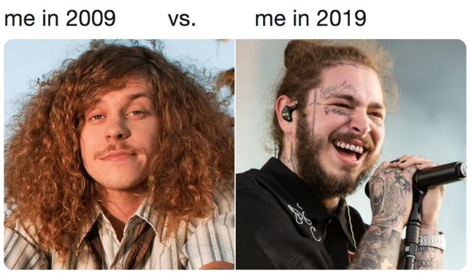 10 Year Challenge — Side-by-side comparison of a person's transformation from 2009 to 2019 showing significant style and appearance changes.