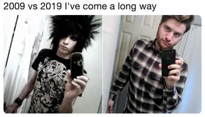 10 Year Challenge post showing transformation from alternative/emo aesthetic in 2009 to mature contemporary style in 2019.