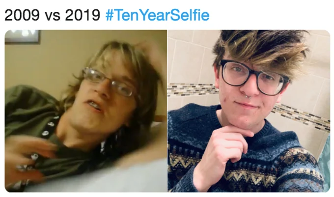10 Year Challenge — Side-by-side selfies labeled 2009 vs 2019 showing a person's appearance changes over the decade.