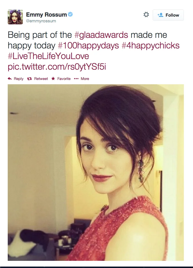 100 Happy Days Challenge — Twitter post from Emmy Rossum sharing a photo of something that made her happy with the #100HappyDays hashtag.