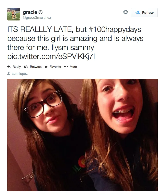 100 Happy Days Challenge — Twitter post participating in #100happydays by sharing a photo of two friends with gratitude for their presence.