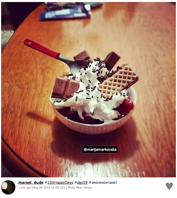 100 Happy Days Challenge — Instagram post featuring an indulgent ice cream dessert with chocolate and waffle tagged with #100HappyDays.