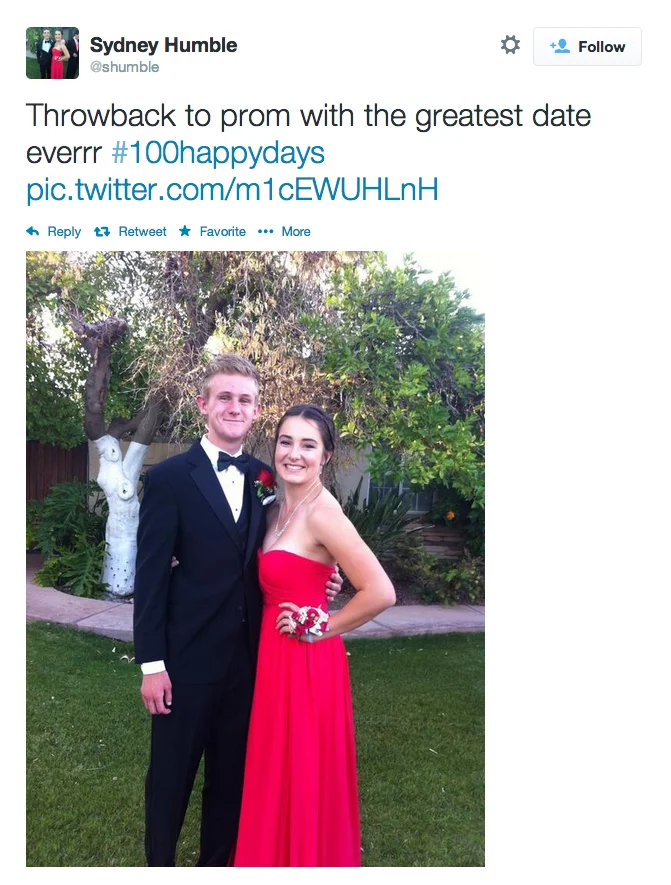 100 Happy Days Challenge — Twitter post from Sydney Humble using #100HappyDays to share a throwback prom photo celebrating a special relationship.