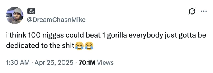 Screenshot of the viral tweet from April 25, 2025 that sparked the '100 men vs 1 gorilla' debate.