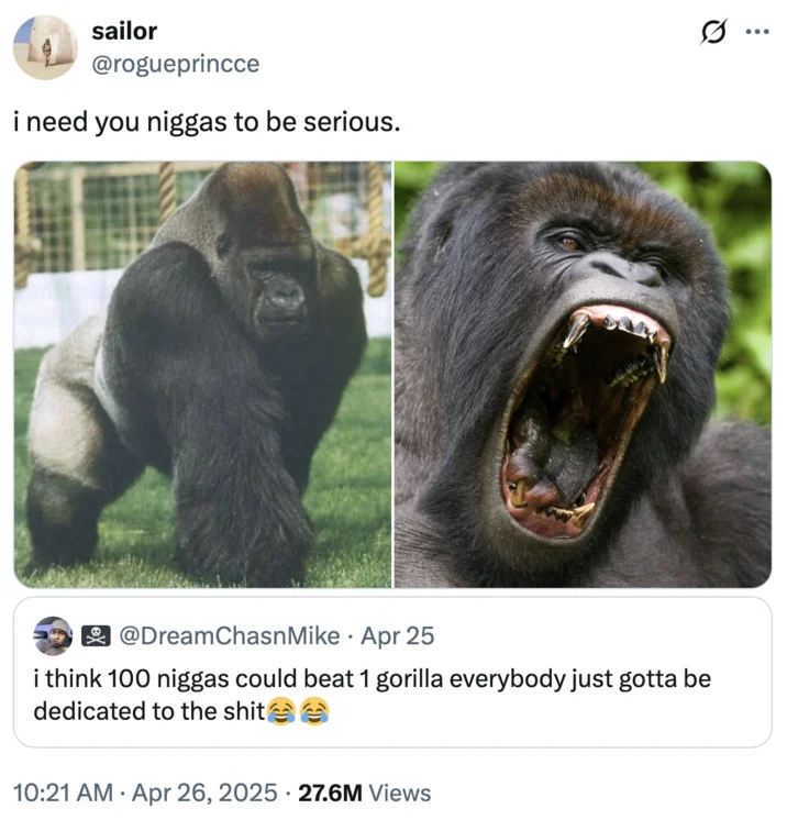 100 Men vs 1 Gorilla — Reply tweet showing two gorilla photos side-by-side: calm and docile on left, aggressive with open mouth on right.