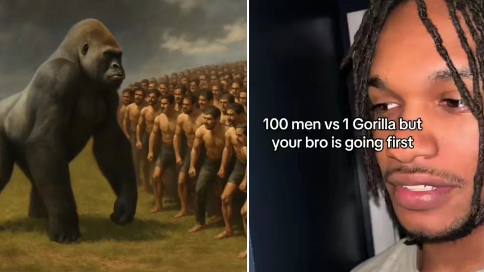 100 Men vs 1 Gorilla — Quintessential meme image showing a colossal silverback gorilla confronting a large military-style formation of brown-clad men.