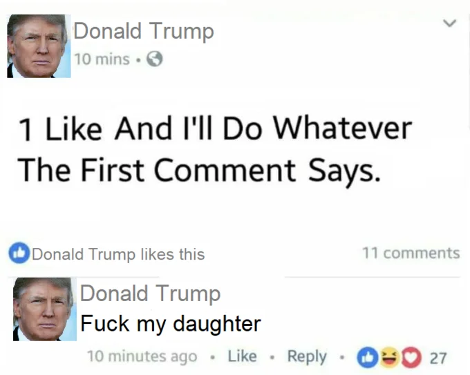 10000 Likes And Ill Do Whatever The First Comment Says — Photoshopped post attributed to Donald Trump with the meme format using '1 like' instead of 10,000.