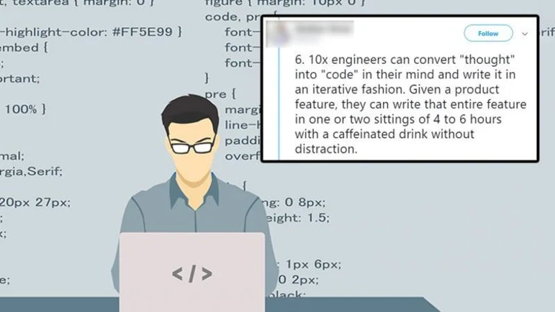 Illustrated infographic showing a cartoon developer explaining 10x engineers convert ideas to production-ready features in 4-6 hours.