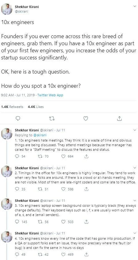 Twitter thread by Shekhar Kirani defining 10x engineer traits including meeting preferences, schedules, and code understanding.
