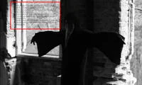 11B X 1371 — Dark photograph showing a silhouetted figure against bright windows with red annotation boxes highlighting areas.