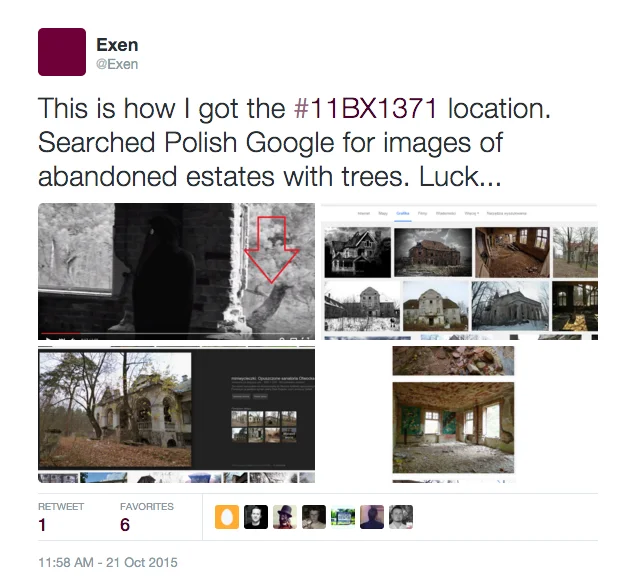 11B X 1371 — Twitter screenshot from user Exen dated October 21, 2015 describing location-finding methods with comparative screenshots.