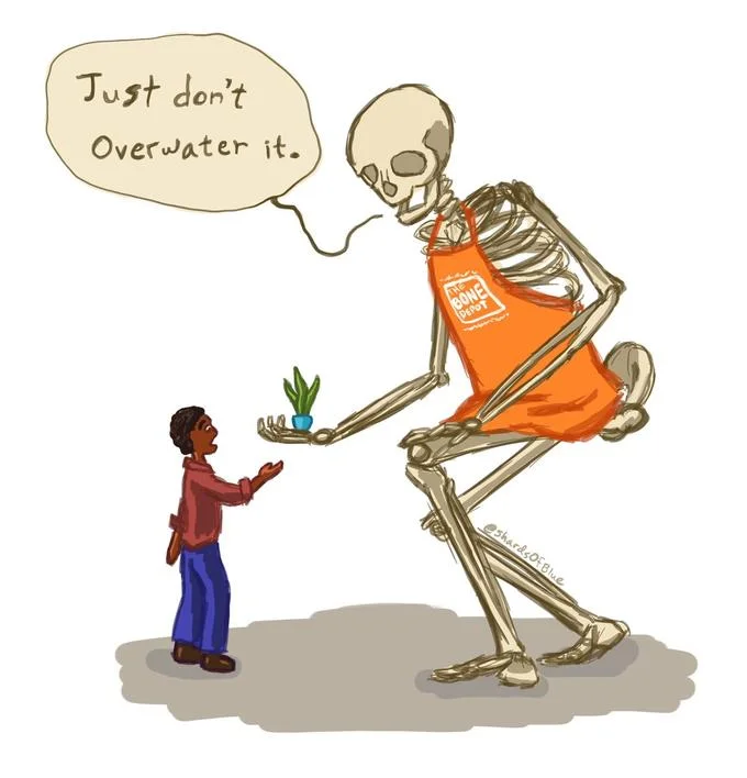 12 Foot Tall Home Depot Skeleton — Fan-created illustration showing a large skeleton in a Home Depot orange apron giving plant care advice to a child.