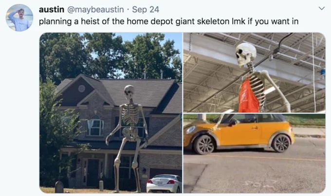 12 Foot Tall Home Depot Skeleton — Twitter screenshot from September 2020 with multiple images referencing the skeleton meme trend.