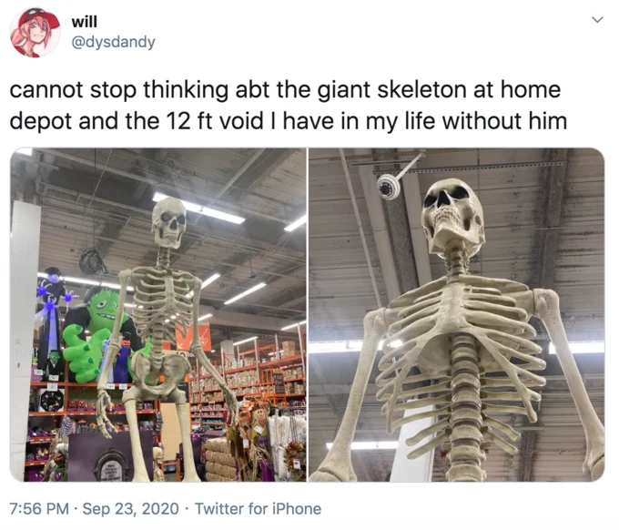 12 Foot Tall Home Depot Skeleton — Twitter screenshot from September 2020 showing the skeleton at the store and installed in a yard.