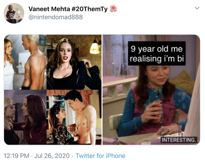 12 Year Old Me Realizing Im Gay — Four-panel collage of attractive scenes with '9 year old me realising i'm bi' text paired with reaction.