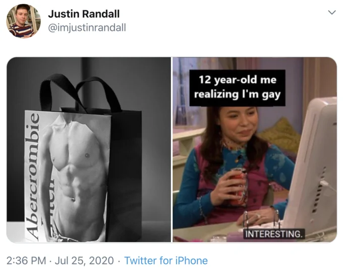 12 Year Old Me Realizing Im Gay — Two-panel meme with Abercrombie & Fitch model on left labeled '12 year-old me realizing I'm gay' and Megan's 'iNTERESTING'