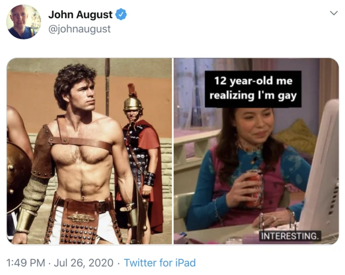 12 Year Old Me Realizing Im Gay — Two-panel meme featuring a shirtless man in Roman gladiator costume on left with the reaction on right.