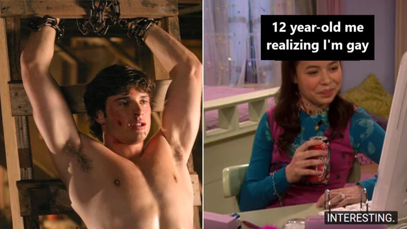 12 Year Old Me Realizing Im Gay — Clean presentation of the complete meme with shirtless man on left and Megan's 'interesting' reaction on right.