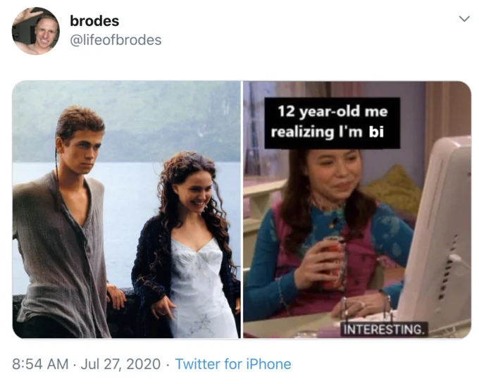 12 Year Old Me Realizing Im Gay — Two-panel meme with Titanic romantic embrace scene and '12 year-old me realizing I'm bi' text.