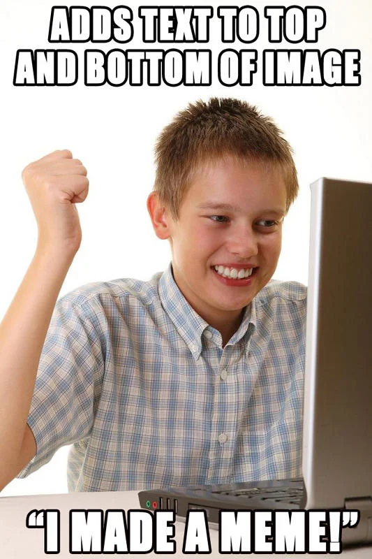 12 Year Olds — Young boy at computer with clenched fist and text about adding text to images and making a meme.