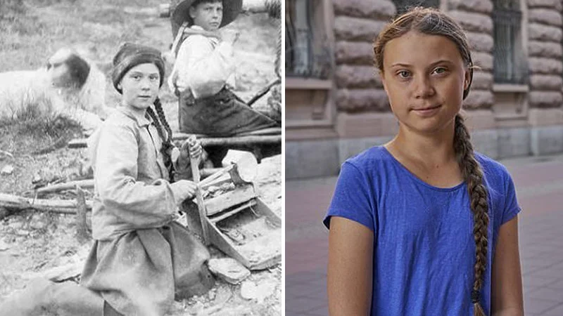 120 Year Old Greta Thunberg — Clean split-image comparison showing the 1898 historical photograph on the left and contemporary Greta Thunberg on the right.