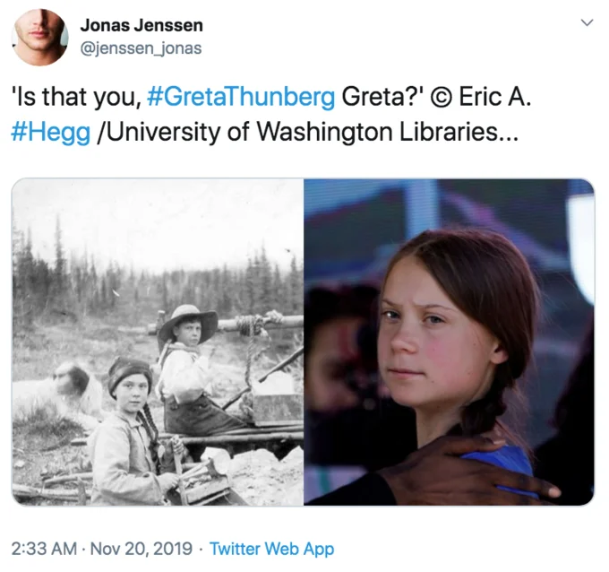 120 Year Old Greta Thunberg — Twitter screenshot from Jonas Jenssen with split-screen comparison of the 1898 mining photo and a modern photograph of Greta