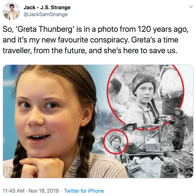 120 Year Old Greta Thunberg — Twitter screenshot from Jack - J.S. Strange introducing the time traveler conspiracy theory with close-ups and red circles
