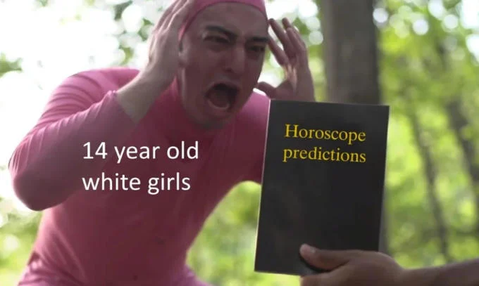 14 Year Old Girls — filthy frank screaming and holding his head while looking at a book representing 14 years olds reacting to horoscope predictions