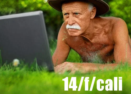 14Fcali — An older man in a cowboy hat using a laptop while lying in grass, with text reading '14/f/cali' at the bottom.