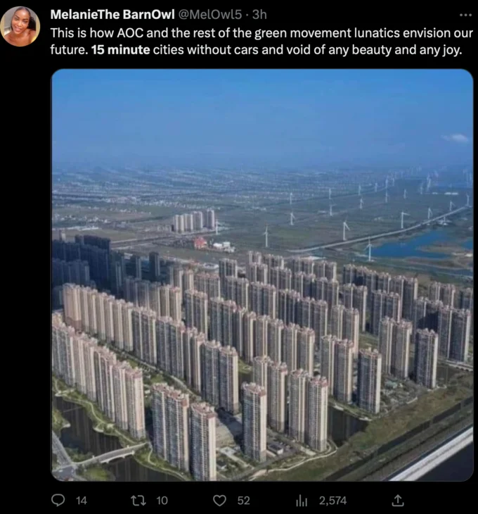 15 Minute City — Political criticism post claiming dense tower blocks represent AOC and green movement's dystopian 15-minute city vision.