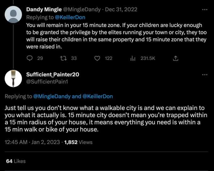15 Minute City — Twitter thread clarifying that 15-minute cities mean accessible services within walking distance, not movement restrictions.