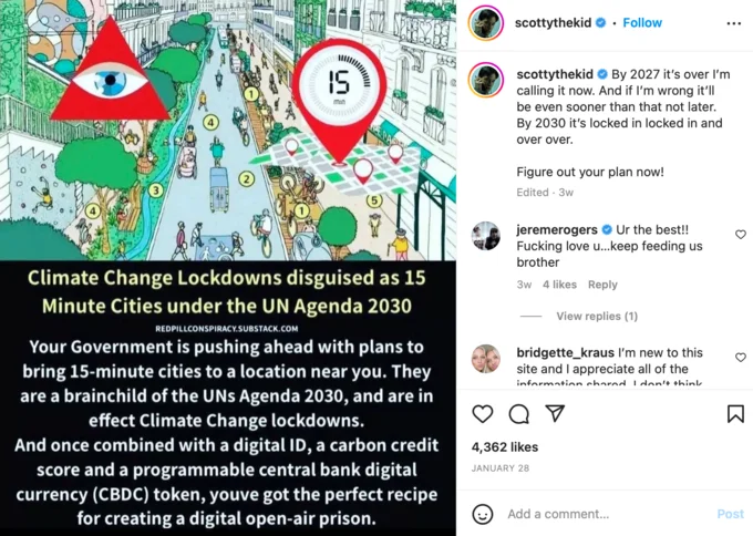 15 Minute City — Social media post spreading conspiracy theories about 15-minute cities as disguised climate lockdowns with digital control.