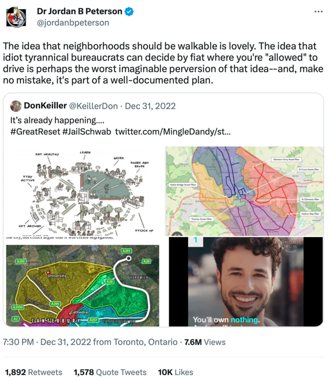 15 Minute City — Twitter thread from Jordan Peterson criticizing 15-minute cities as tyrannical bureaucratic control with diagram images.