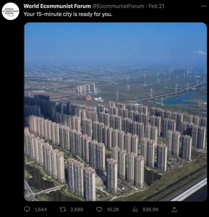 15 Minute City — Post claiming dense urban tower blocks represent the 15-minute city vision using apocalyptic architectural imagery.