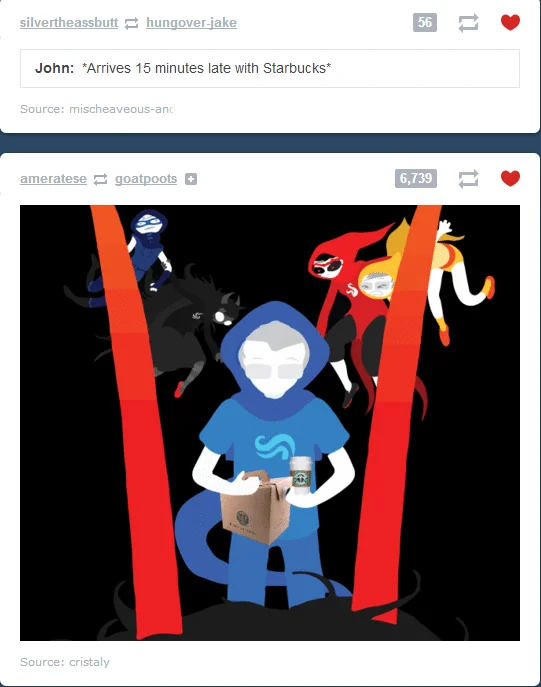 Tumblr post with the phrase '*Arrives 15 minutes late with Starbucks*' alongside an anime-style character illustration.