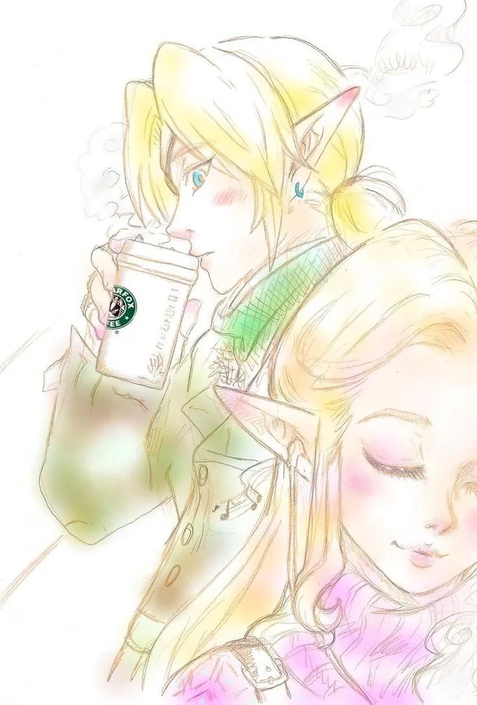 15 Minutes Late With Starbucks — Beautifully illustrated anime-style character with blonde hair prominently holding a Starbucks cup.