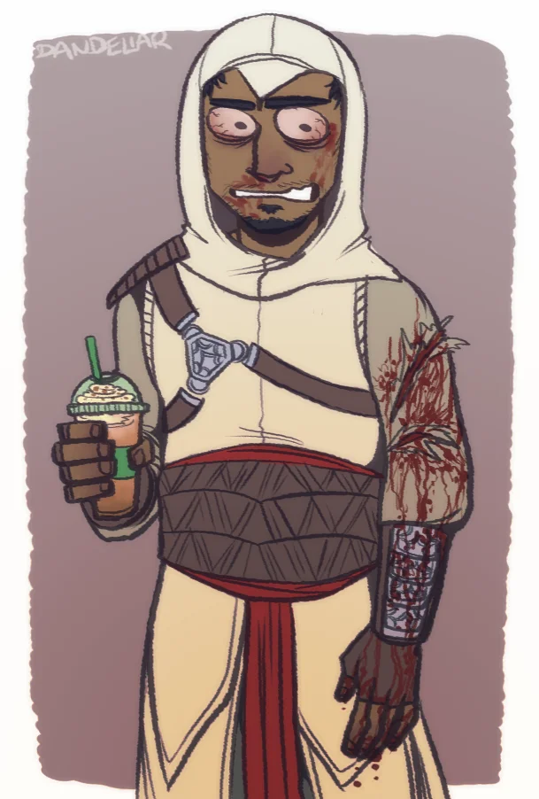 15 Minutes Late With Starbucks — Illustration of a fantasy-styled character in ornate clothing holding a Starbucks cup with a confident expression.