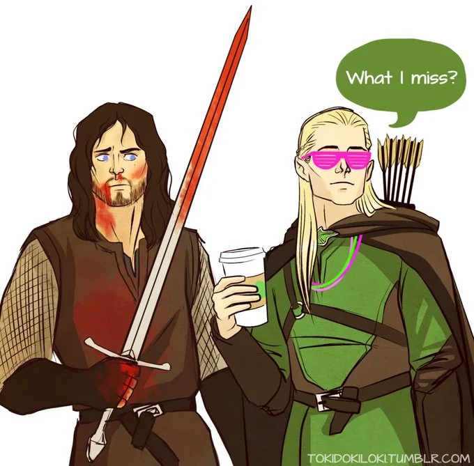 15 Minutes Late With Starbucks — Illustrated parody featuring fantasy-style characters with one holding a coffee cup asking 'What I miss?'