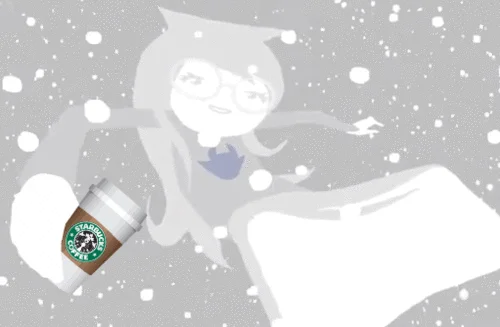 15 Minutes Late With Starbucks — Stylized illustration of a character holding a prominent Starbucks coffee cup with snow and sparkle effects.