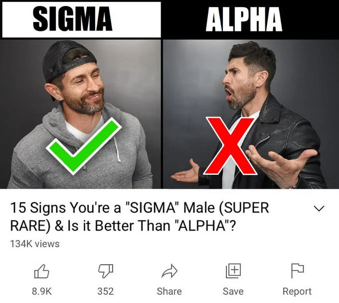 15 Signs Youre A Sigma Male — Man wearing headband with green checkmark labeled SIGMA compared to alpha male with red X.