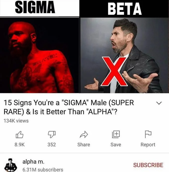 15 Signs Youre A Sigma Male — Red-tinted muscular figure with green checkmark labeled SIGMA compared to BETA with red X.