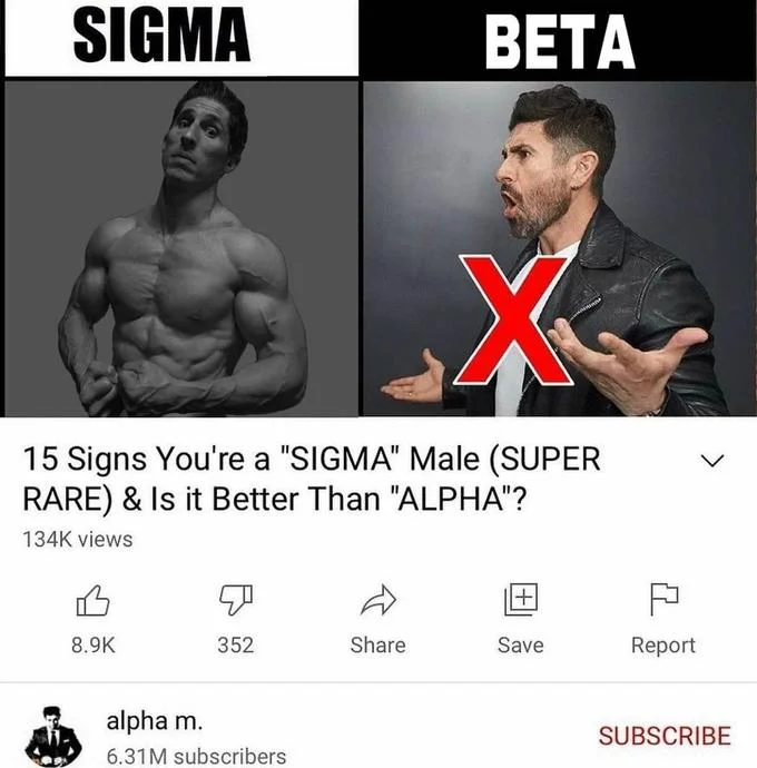 15 Signs Youre A Sigma Male — Shirtless muscular man labeled SIGMA with checkmark compared to BETA with red X.