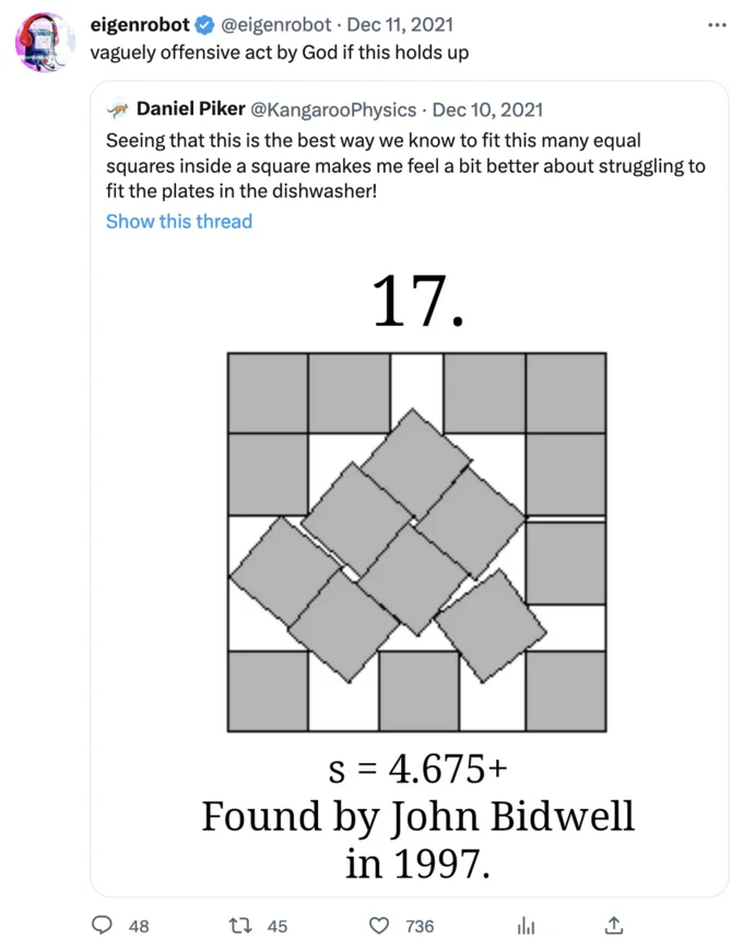 17 Squares In A Larger Square — eigenrobot @eigenrobot Dec 11, 2021 vaguely offensive act by God if this holds up Daniel Piker @Kangaroo Physics · Dec 10, 2021