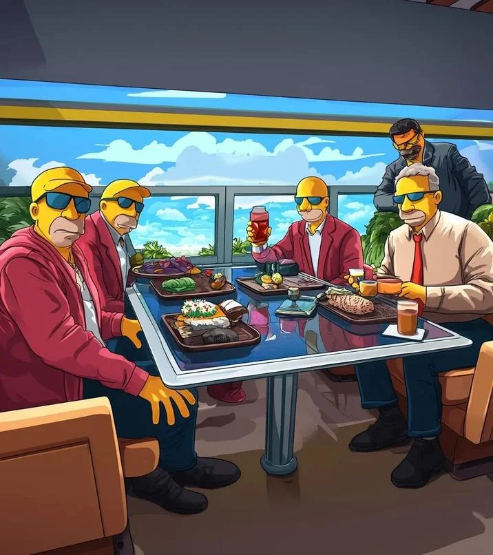 1721 Deitz Nuutzen Painting Hoax — Cartoon illustration depicting five stylized characters with yellow skin and sunglasses dining on an airplane.
