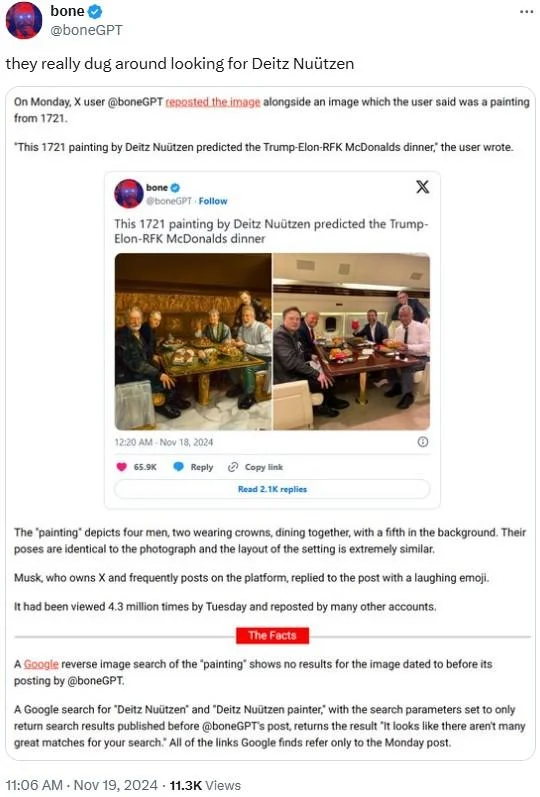 1721 Deitz Nuutzen Painting Hoax — Twitter post from @boneGPT explaining the hoax and documenting searches for evidence of painter Deitz Nuützen.
