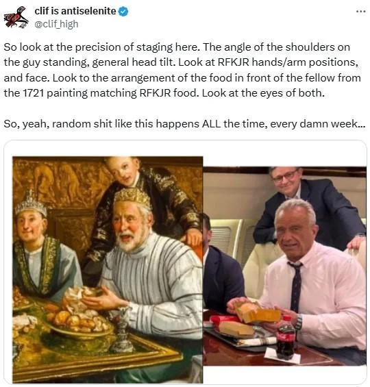 1721 Deitz Nuutzen Painting Hoax — Twitter post analyzing matching shoulder angles and hand positions between the Renaissance painting and modern photograph.