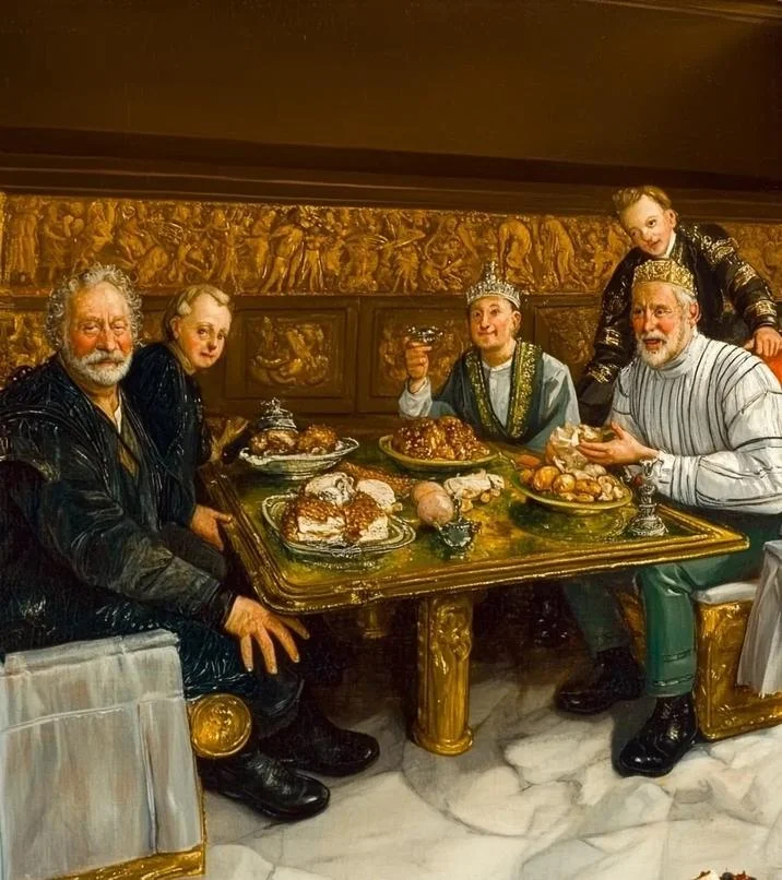 1721 Deitz Nuutzen Painting Hoax — Classical Renaissance-style painting depicting six men dining at an ornate gold table with elaborate interior.